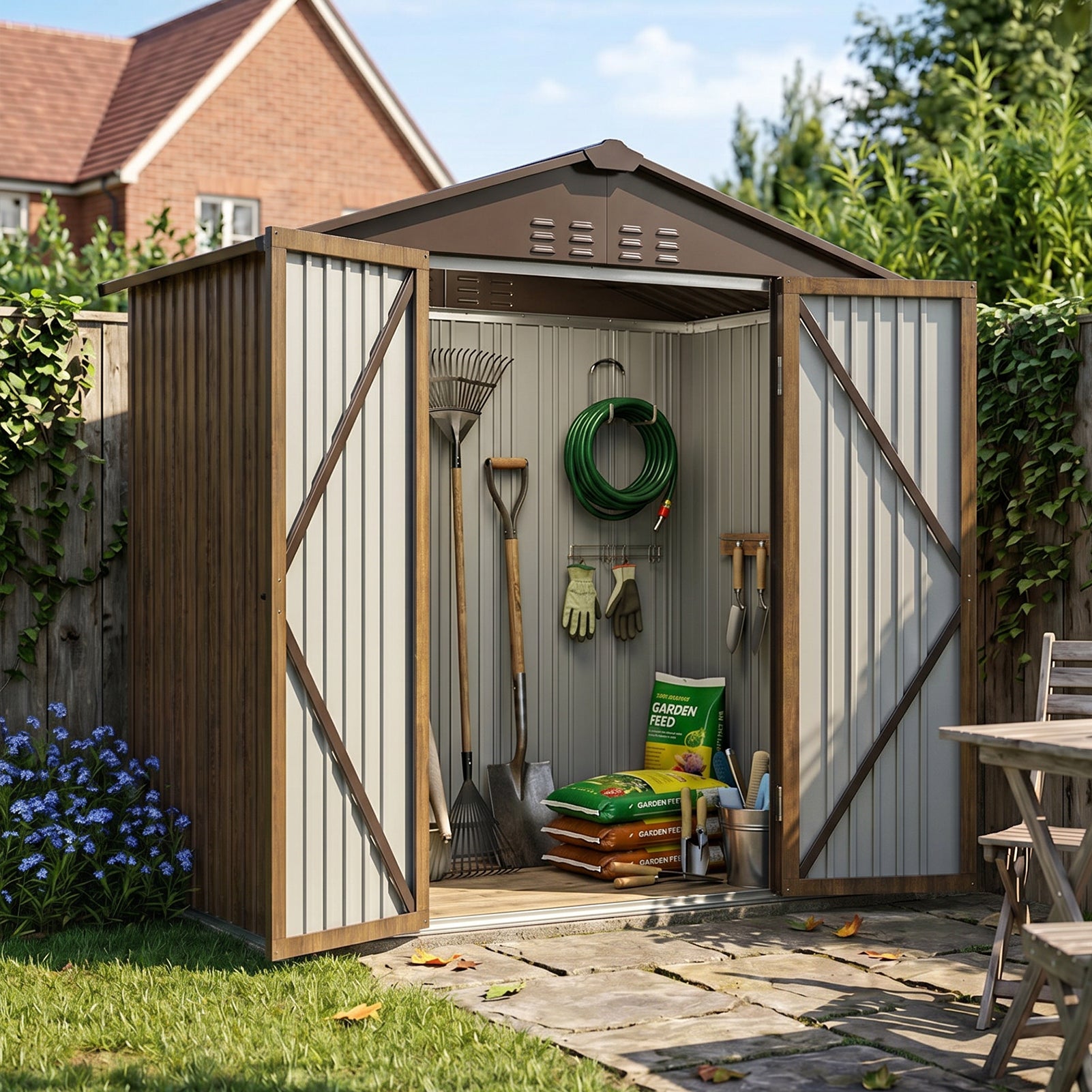 4x6FT Lockable Metal Garden Storage Shed with Lockable Door